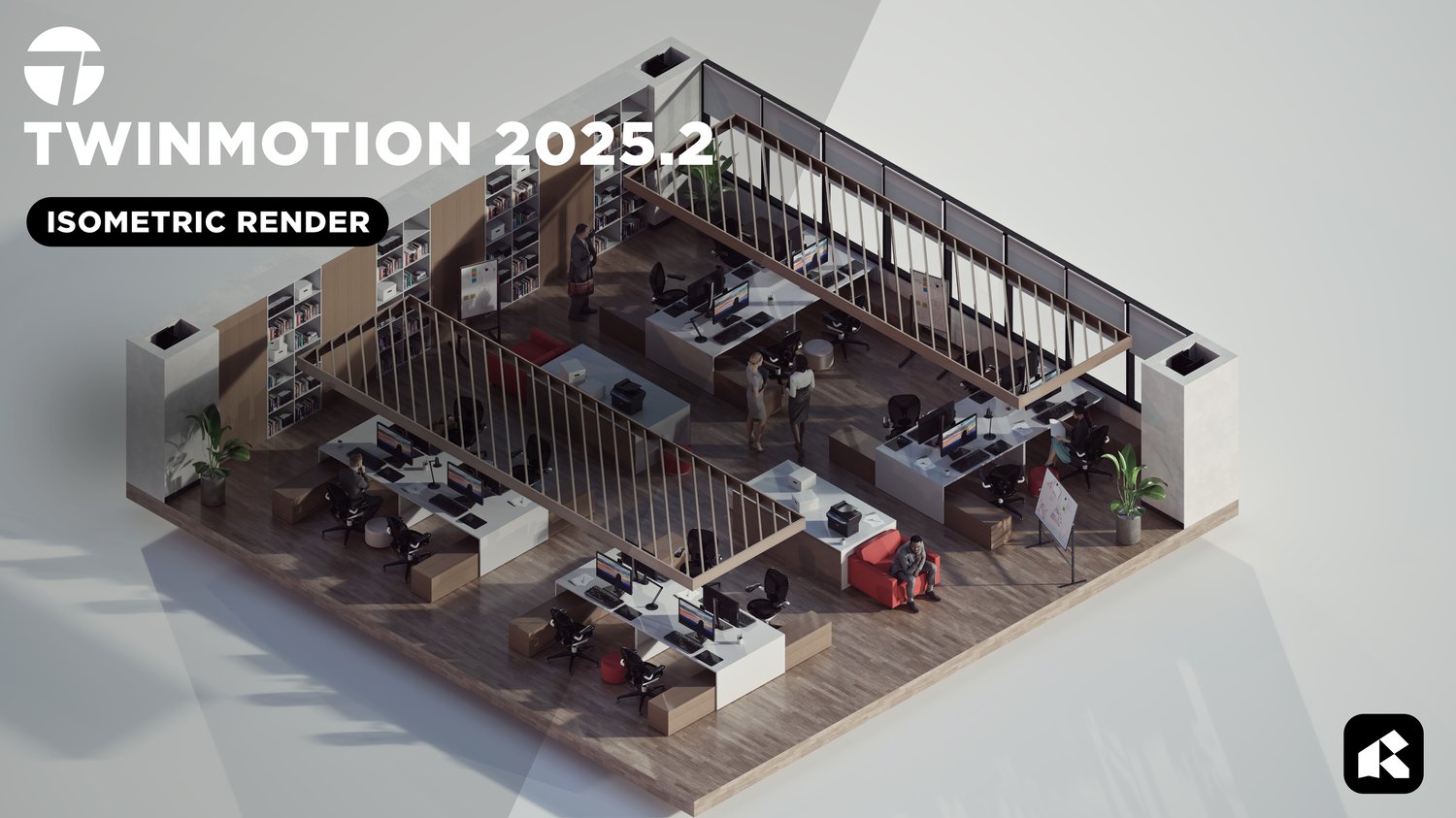 Twinmotion 2025.2 isometric office render showcasing a detailed open-plan workspace with realistic lighting and materials.