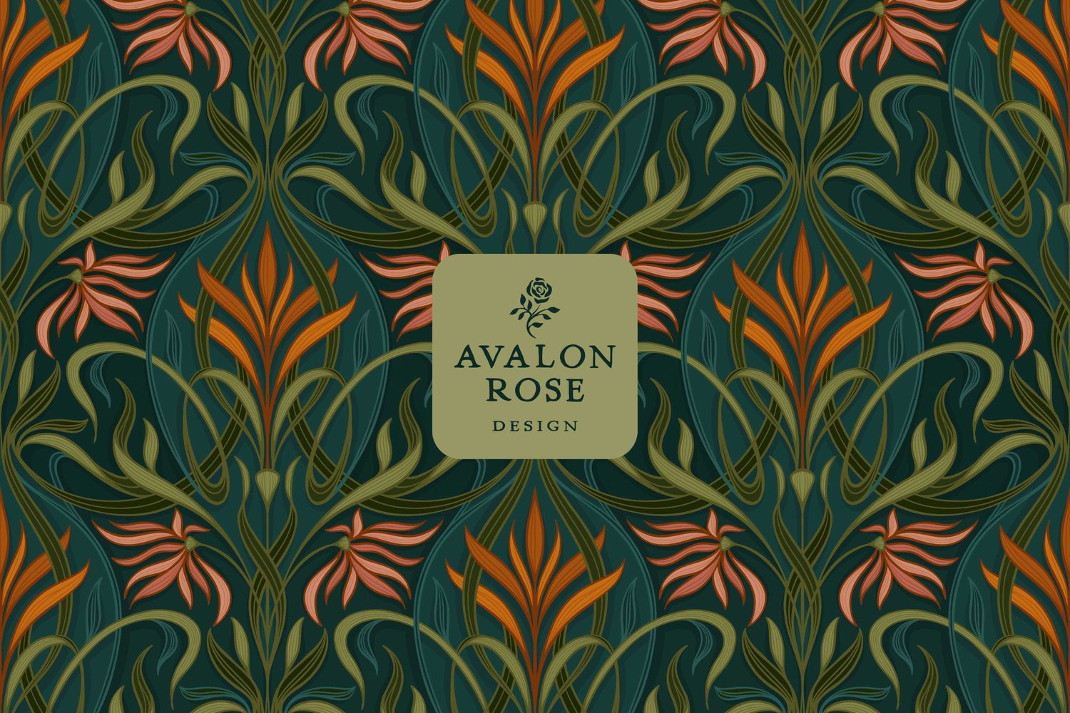 Art nouveau deco hand drawn surface pattern with pink and orange florals with green and teal intertwined palm leaves in a curving and ribbon-like pattern