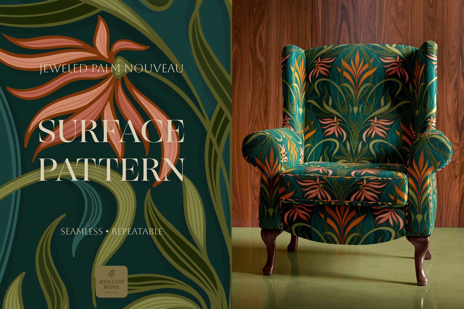 Art nouveau deco hand drawn surface pattern with pink and orange florals with green and teal intertwined palm leaves in a curving and ribbon-like pattern