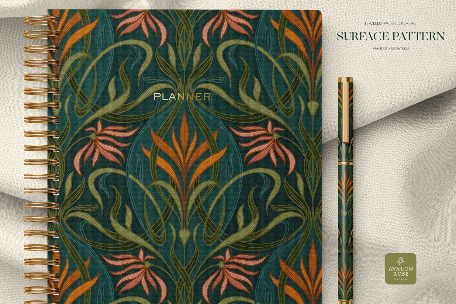 Art nouveau deco hand drawn surface pattern with pink and orange florals with green and teal intertwined palm leaves in a curving and ribbon-like pattern
