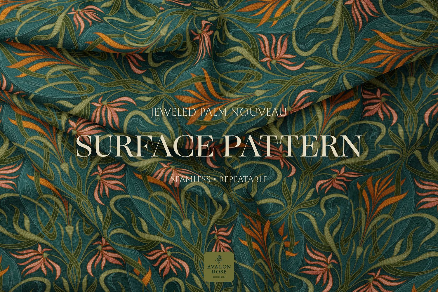 Art nouveau deco hand drawn surface pattern with pink and orange florals with green and teal intertwined palm leaves in a curving and ribbon-like pattern