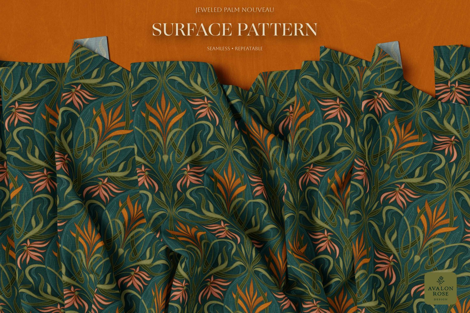 Art nouveau deco hand drawn surface pattern with pink and orange florals with green and teal intertwined palm leaves in a curving and ribbon-like pattern