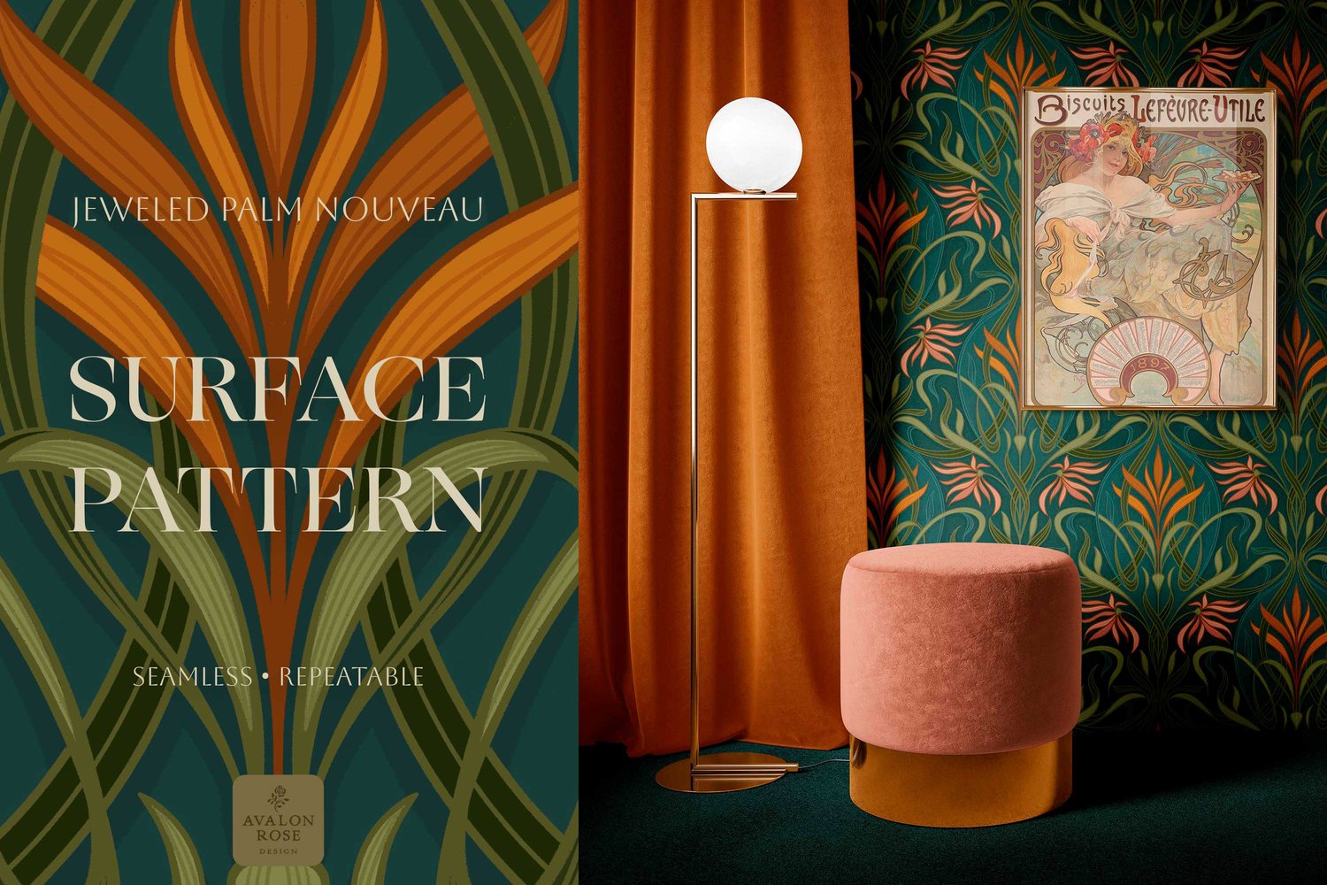 Art nouveau deco hand drawn surface pattern with pink and orange florals with green and teal intertwined palm leaves in a curving and ribbon-like pattern