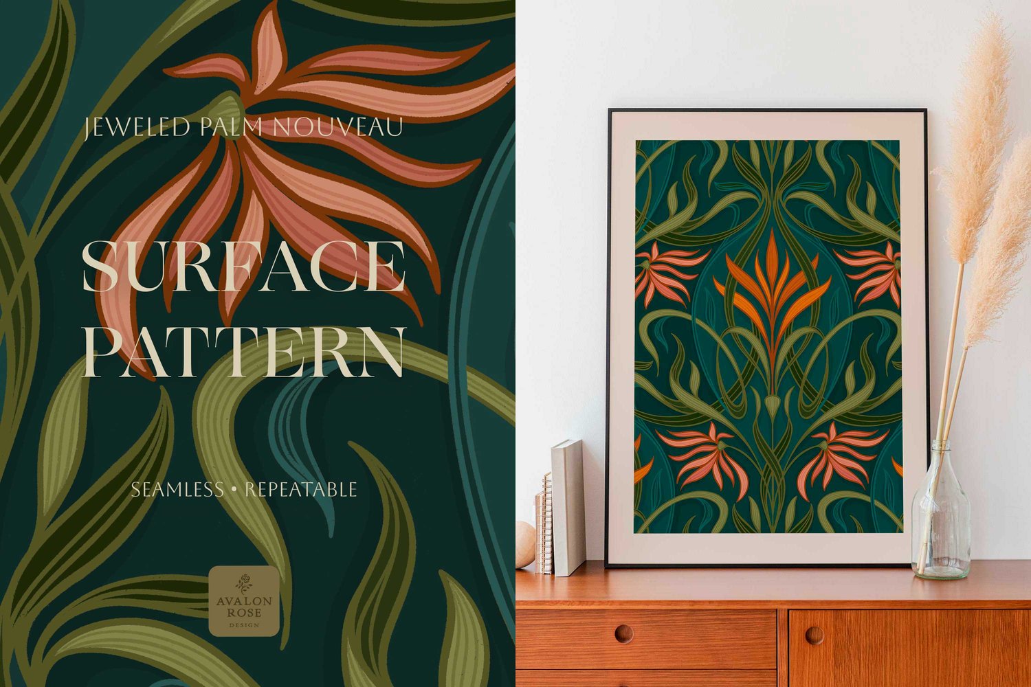 Art nouveau deco hand drawn surface pattern with pink and orange florals with green and teal intertwined palm leaves in a curving and ribbon-like pattern
