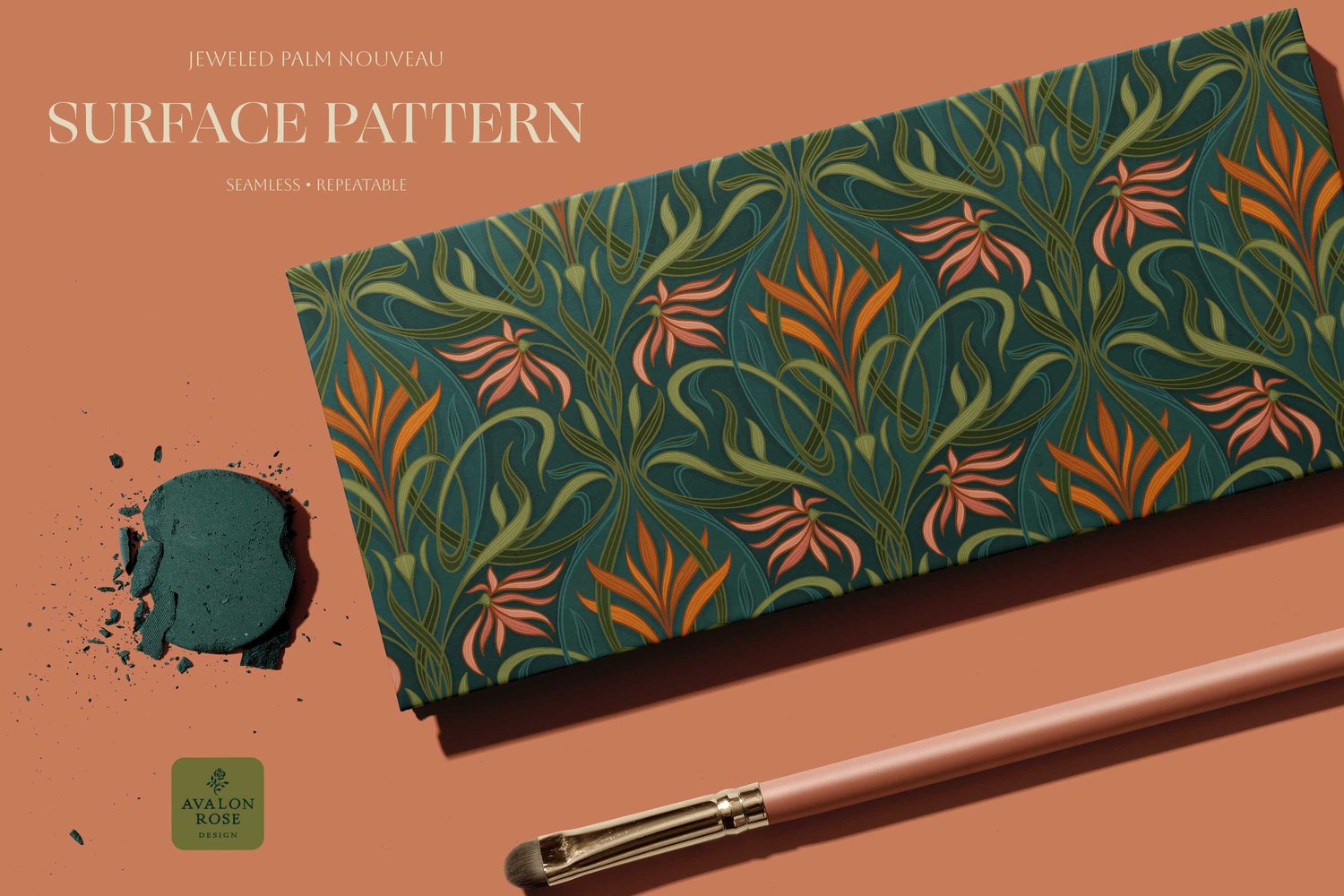 Art nouveau deco hand drawn surface pattern with pink and orange florals with green and teal intertwined palm leaves in a curving and ribbon-like pattern