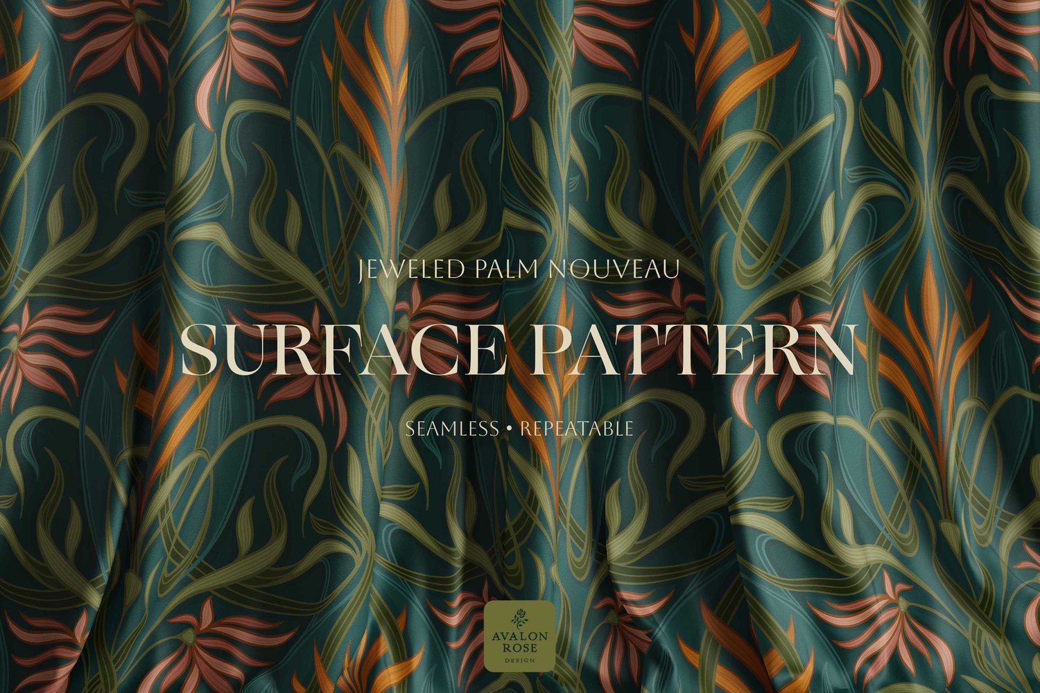 Art nouveau deco hand drawn surface pattern with pink and orange florals with green and teal intertwined palm leaves in a curving and ribbon-like pattern