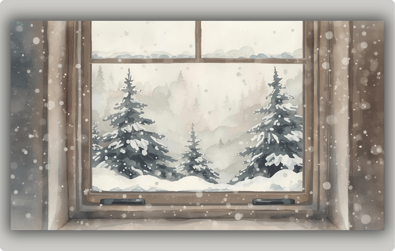 looking at winter scene through window with snow falling inside