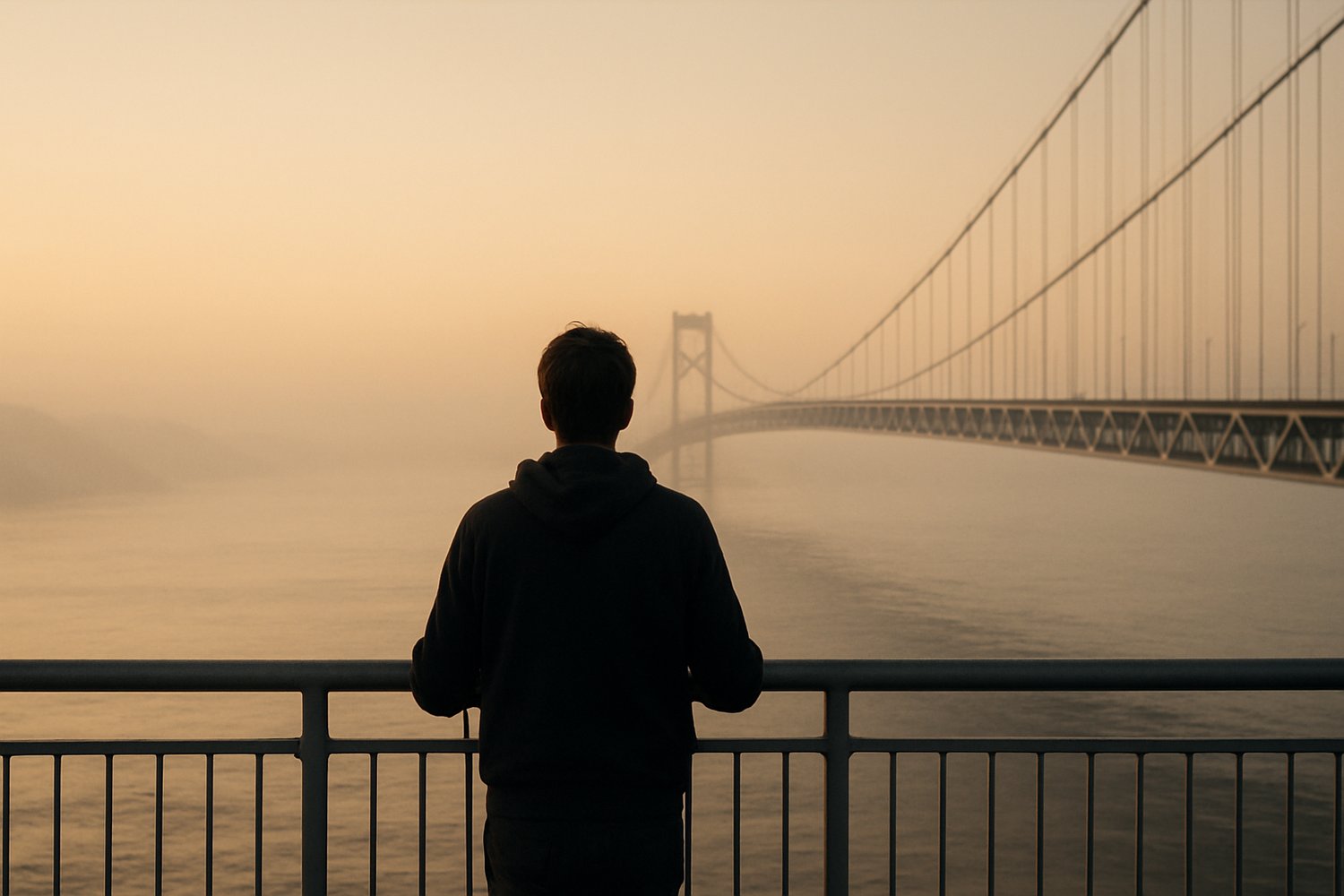 Back view of person in silhouette standing at bridge railing looking toward suspension bridge in misty golden light at dawn - contemplative morning scene representing mental health awareness and suicide prevention