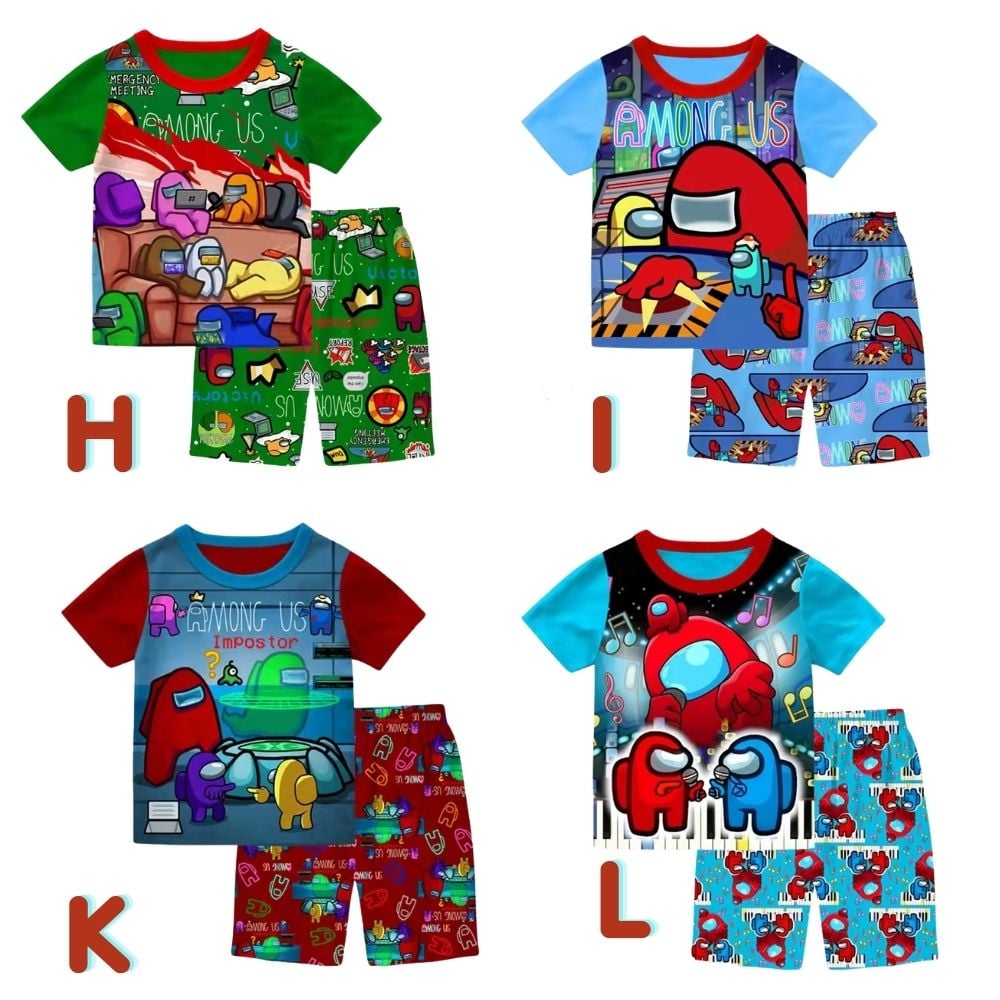 Kids’ top and shorts set inspired by a galaxy crewmate design, cotton material, suitable for ages 3–12, Design 381.