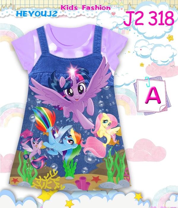Pony and unicorn–themed cartoon mock jeans dress for toddlers, size 2Y, style 318.