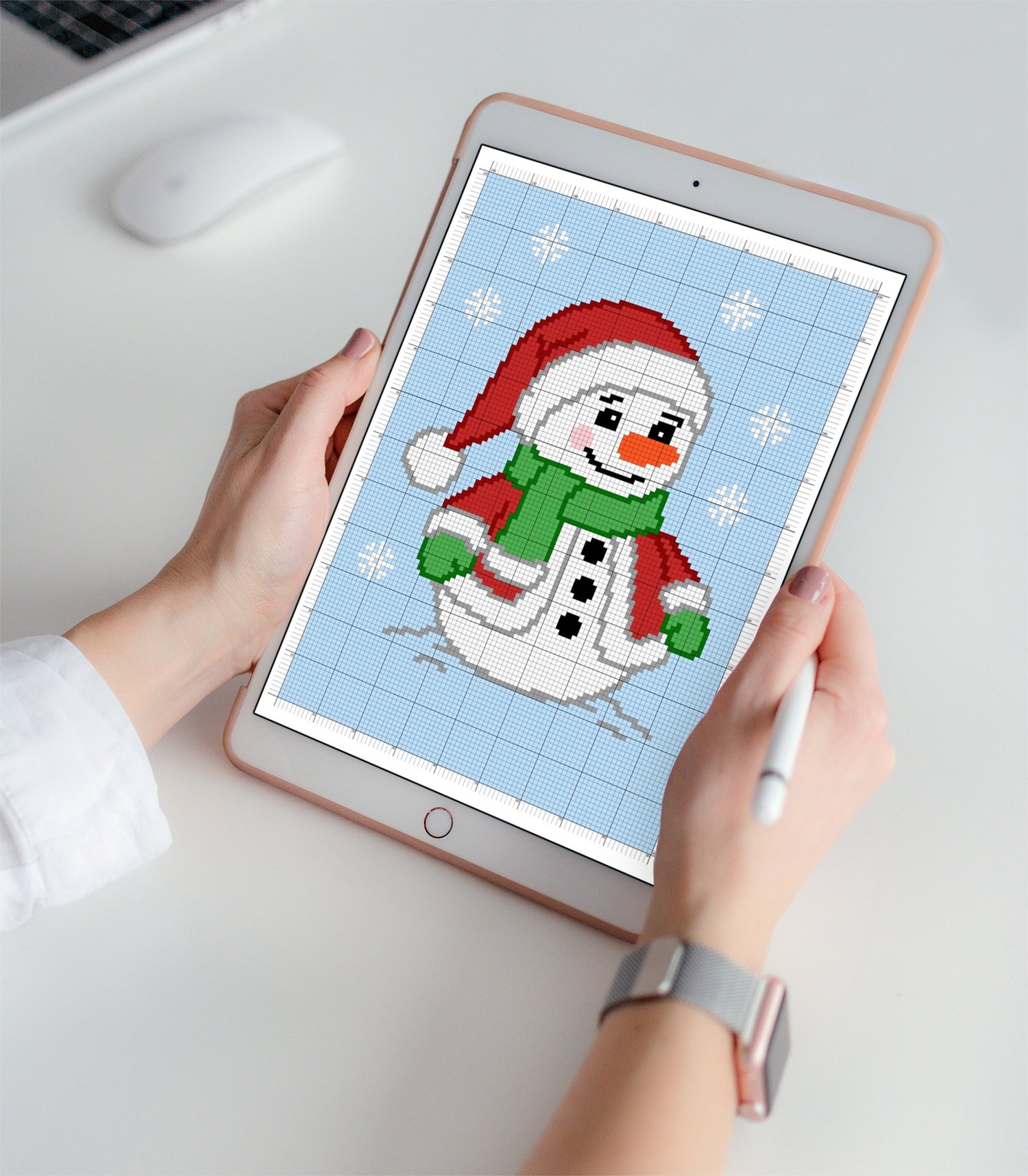 Snowman C2C crochet graph pattern displayed on tablet