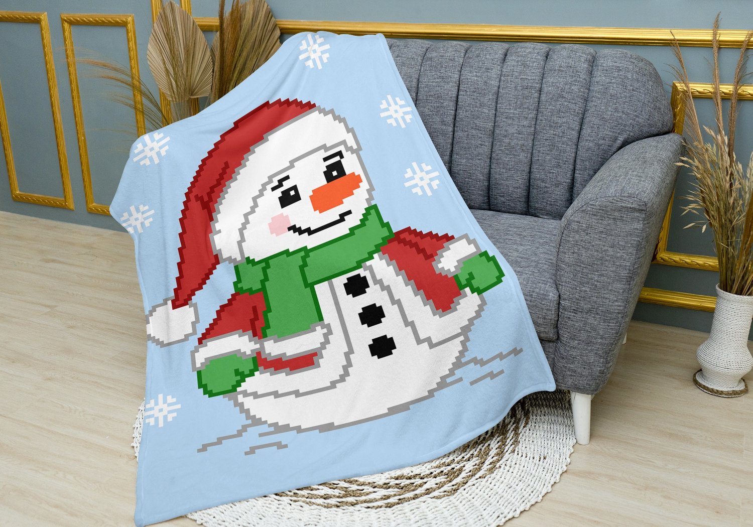 Christmas snowman crochet blanket draped over chair