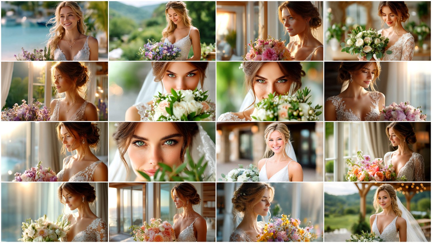 A premium AI-generated collection of 170 high-quality images featuring elegant brides and brides with floral bouquets in beautiful close-up compositions. Perfect for wedding projects, social media content, invitations, posters, branding, and commercial creative work. Each image combines elegance, softness, and the romantic atmosphere of a wedding day.