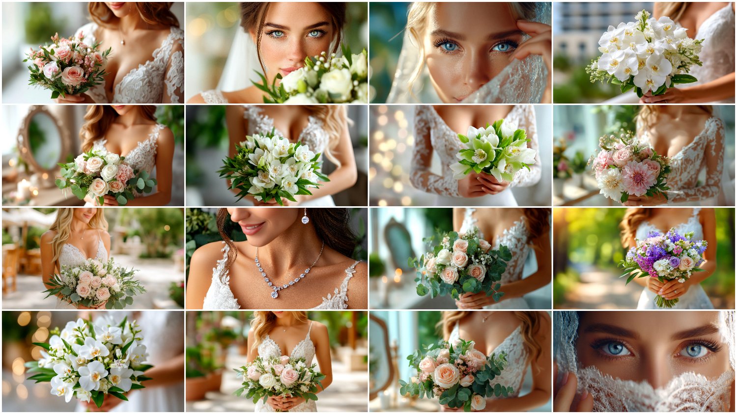 A premium AI-generated collection of 170 high-quality images featuring elegant brides and brides with floral bouquets in beautiful close-up compositions. Perfect for wedding projects, social media content, invitations, posters, branding, and commercial creative work. Each image combines elegance, softness, and the romantic atmosphere of a wedding day.