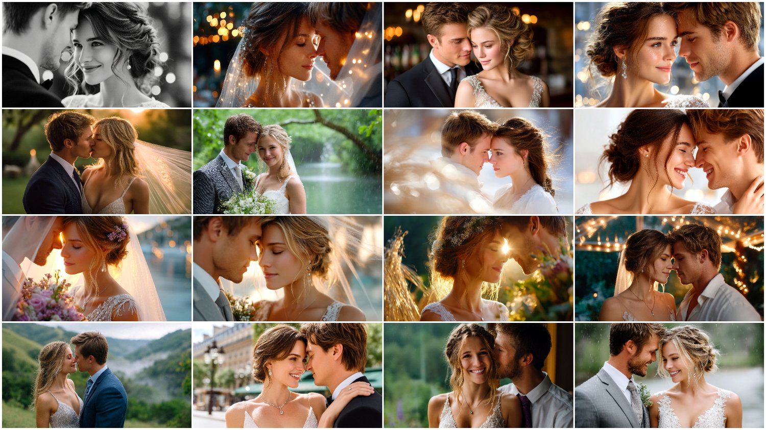 A premium AI-generated collection of 94 high-quality images featuring wedding couples — brides and grooms. Perfect for wedding projects, invitations, posters, branding, and commercial visuals. Each image captures romance, style, and the special atmosphere