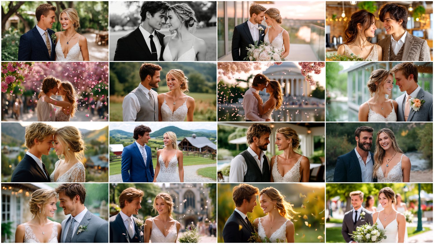 A premium AI-generated collection of 94 high-quality images featuring wedding couples — brides and grooms. Perfect for wedding projects, invitations, posters, branding, and commercial visuals. Each image captures romance, style, and the special atmosphere