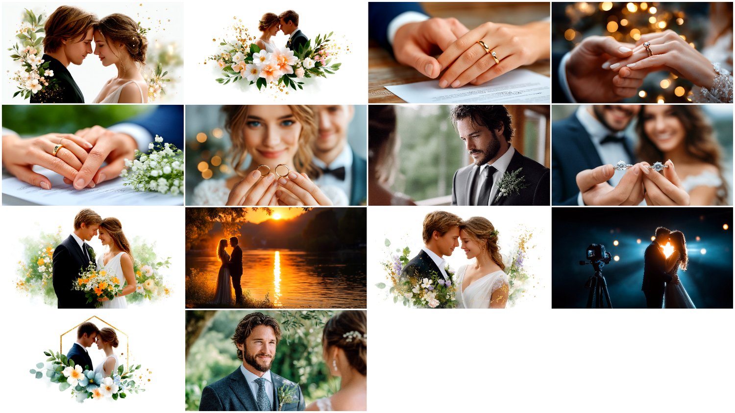 A premium AI-generated collection of 94 high-quality images featuring wedding couples — brides and grooms. Perfect for wedding projects, invitations, posters, branding, and commercial visuals. Each image captures romance, style, and the special atmosphere