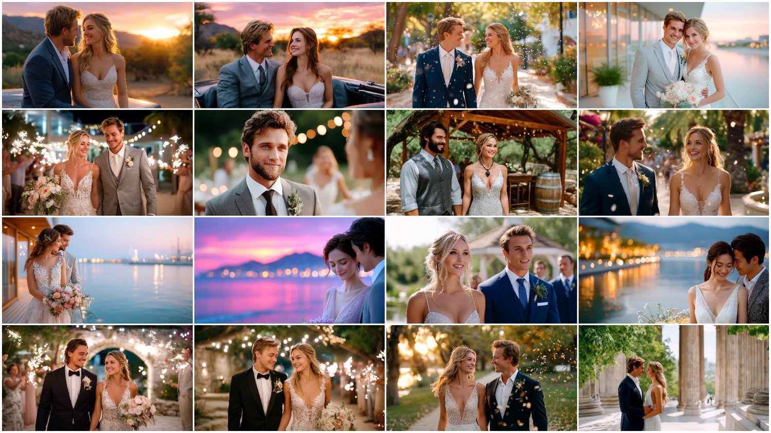 A premium AI-generated collection of 94 high-quality images featuring wedding couples — brides and grooms. Perfect for wedding projects, invitations, posters, branding, and commercial visuals. Each image captures romance, style, and the special atmosphere