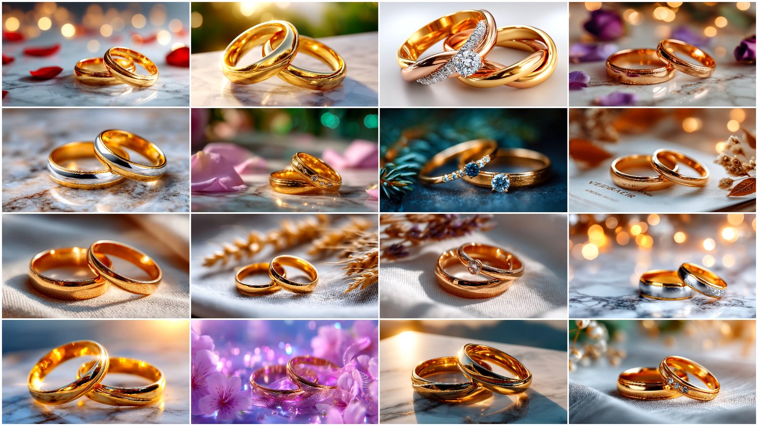 A premium AI-generated collection of 132 high-quality images featuring wedding rings. Includes close-ups of engagement and wedding rings, elegant jewelry details, and romantic compositions. Perfect for wedding projects, invitations, posters, branding, and commercial visuals. Each image highlights elegance, shine, and the symbolic meaning of marital union.