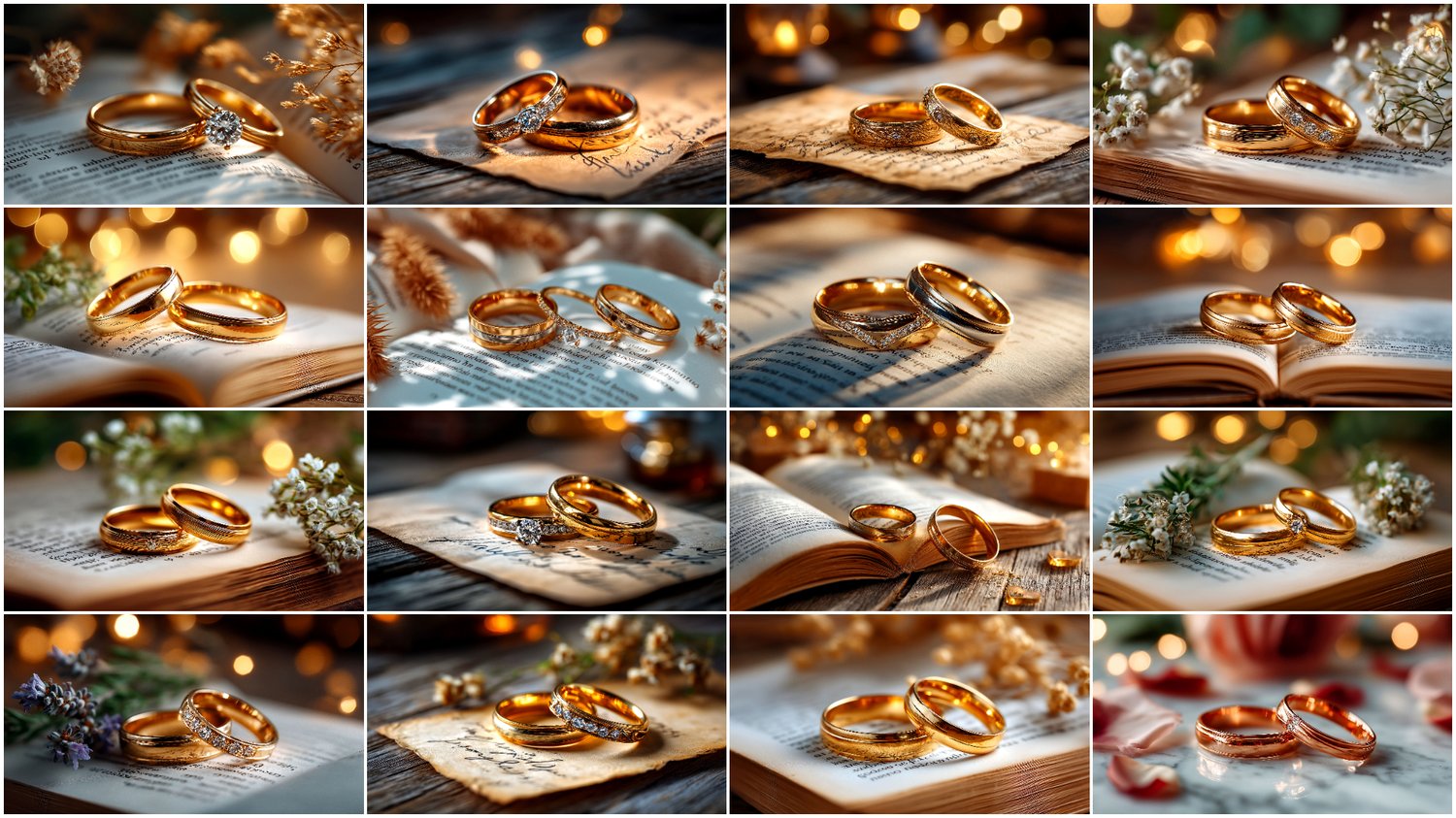 A premium AI-generated collection of 132 high-quality images featuring wedding rings. Includes close-ups of engagement and wedding rings, elegant jewelry details, and romantic compositions. Perfect for wedding projects, invitations, posters, branding, and commercial visuals. Each image highlights elegance, shine, and the symbolic meaning of marital union.