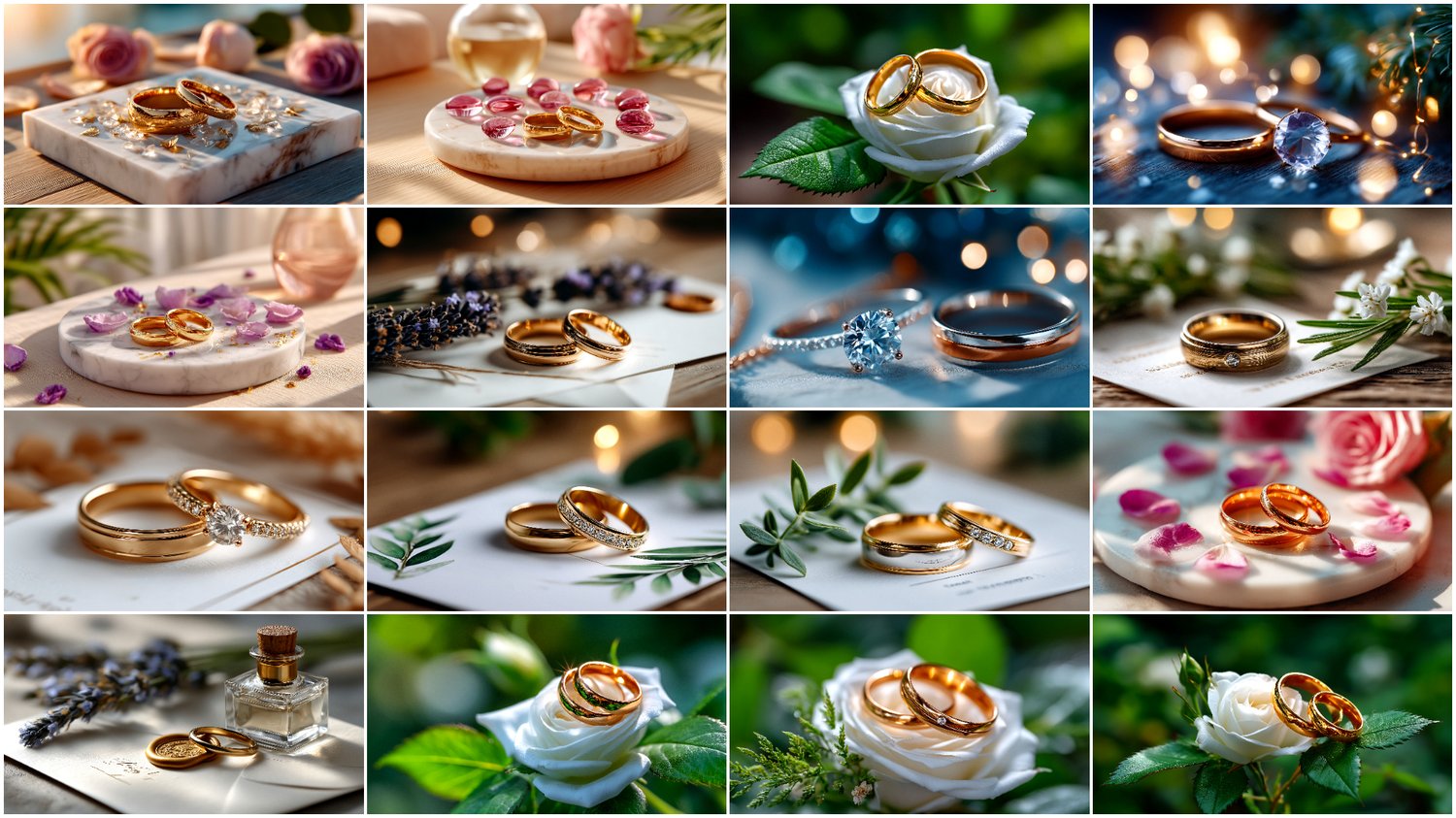 A premium AI-generated collection of 132 high-quality images featuring wedding rings. Includes close-ups of engagement and wedding rings, elegant jewelry details, and romantic compositions. Perfect for wedding projects, invitations, posters, branding, and commercial visuals. Each image highlights elegance, shine, and the symbolic meaning of marital union.