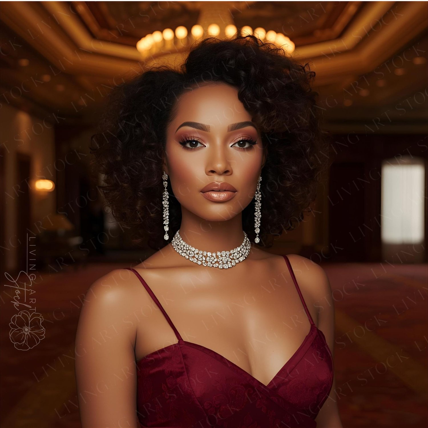 A captivating and serious portrait of a beautiful woman with voluminous, dark, curly hair and flawless makeup, standing centered in a grand, opulent ballroom or event space. She is wearing a deep burgundy (maroon) silk or satin gown with spaghetti straps,