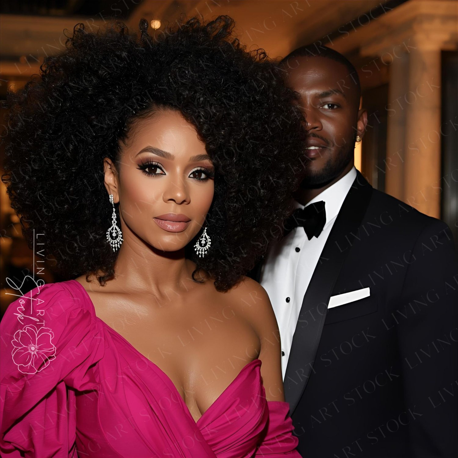 A striking portrait of a sophisticated African American couple dressed in formal wear at a luxury event. The woman is positioned prominently in the foreground, wearing a vibrant, one-shoulder magenta or bright pink gown with dramatic ruffled sleeves. She 