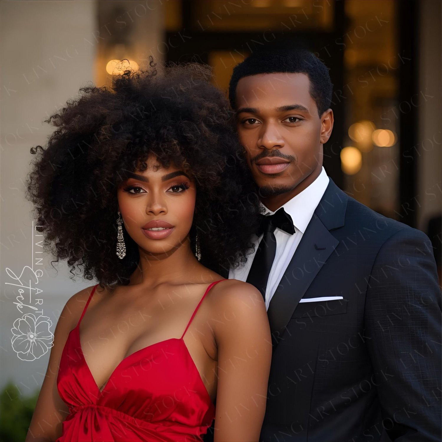 A formal and striking portrait of a sophisticated African American couple standing outdoors, likely in front of a grand building entrance or patio, with warm, blurred lights in the background. The woman is in the foreground, wearing a vibrant, deep red sa