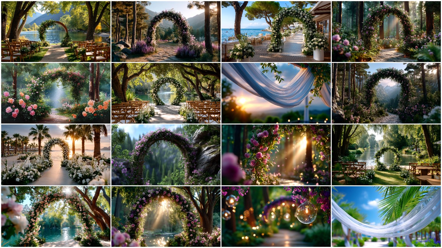 A premium AI-generated collection of 66 high-quality images featuring wedding arches and locations. Includes romantic floral arches, ceremony setups, decorative wedding spaces, and atmospheric photoshoot spots. Perfect for wedding projects, invitations, p