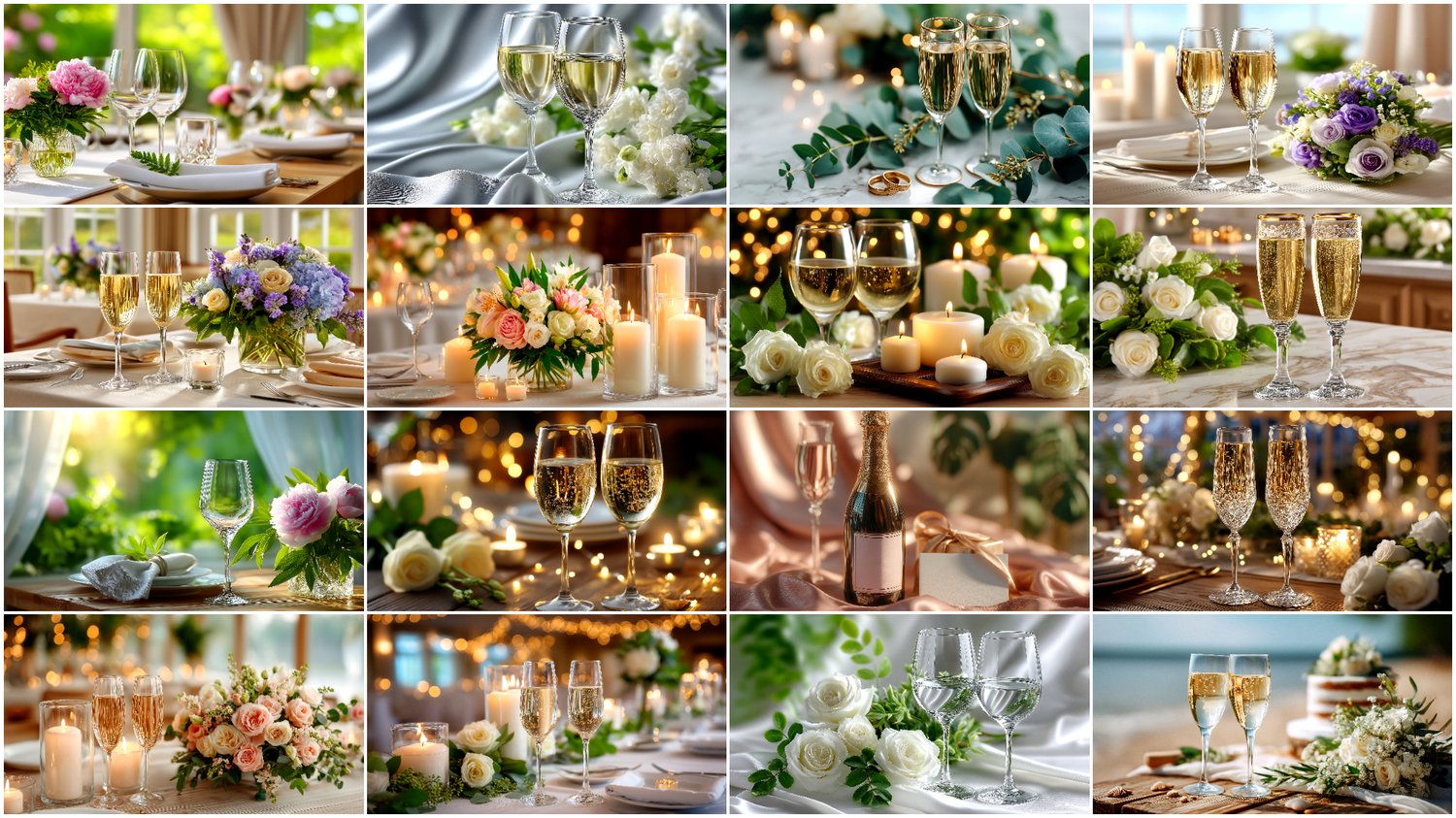 A premium AI-generated collection of 50 high-quality images featuring wedding table settings. Includes elegant compositions with plates, cutlery, glasses, candles, florals, textiles, and decorative elements. Perfect for wedding projects, invitations, menu
