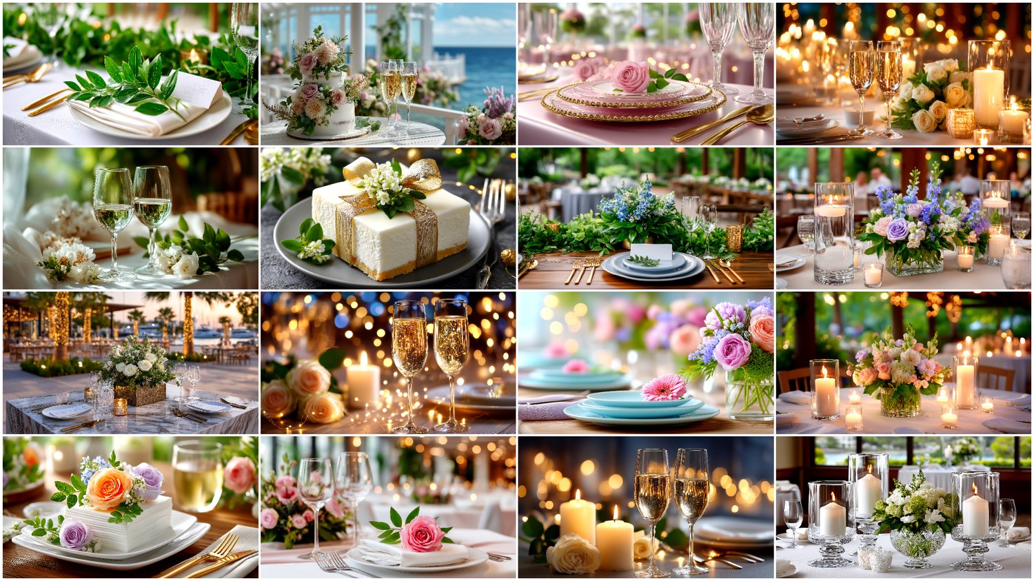 A premium AI-generated collection of 50 high-quality images featuring wedding table settings. Includes elegant compositions with plates, cutlery, glasses, candles, florals, textiles, and decorative elements. Perfect for wedding projects, invitations, menu