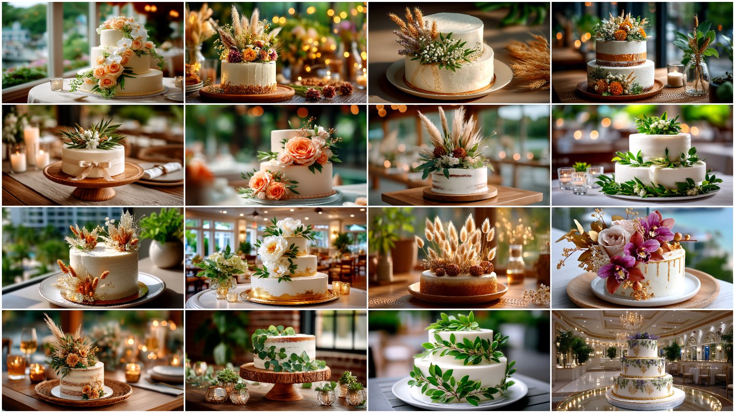 A premium AI-generated collection of 38 high-quality images featuring elegant wedding cakes. Includes modern, classic, single-tier, and multi-tier cakes decorated with florals, cream textures, and refined details. Perfect for wedding projects, menus, bran