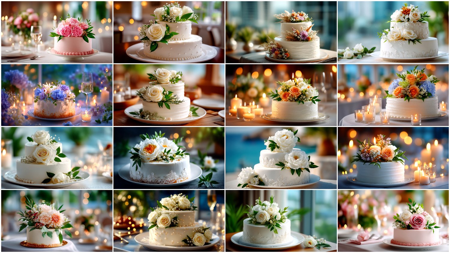 A premium AI-generated collection of 38 high-quality images featuring elegant wedding cakes. Includes modern, classic, single-tier, and multi-tier cakes decorated with florals, cream textures, and refined details. Perfect for wedding projects, menus, bran