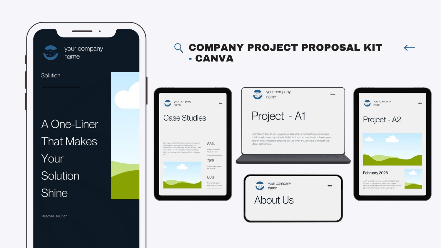 Company Project Proposal Canva Template displayed on a mobile screen, showcasing the Solution page with modern clean design and customizable layout.
