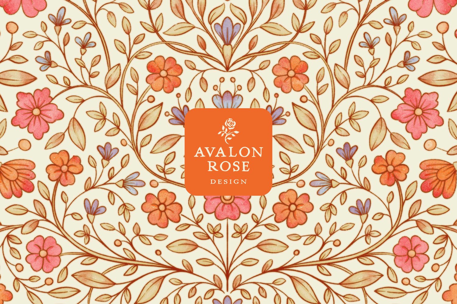 Brightly colored hand drawn floral watercolor surface pattern by Avalon Rose Design