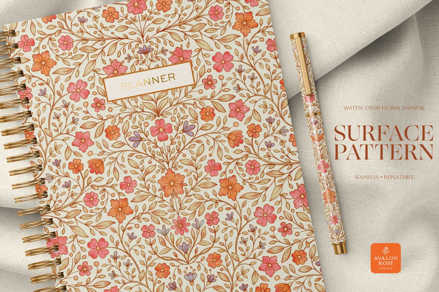 Brightly colored hand drawn floral watercolor surface pattern by Avalon Rose Design