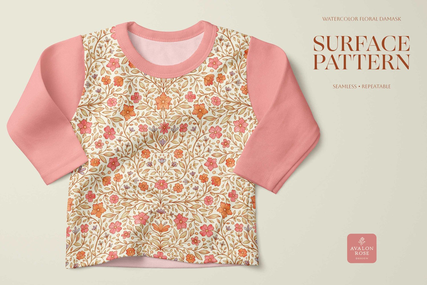 Brightly colored hand drawn floral watercolor surface pattern by Avalon Rose Design