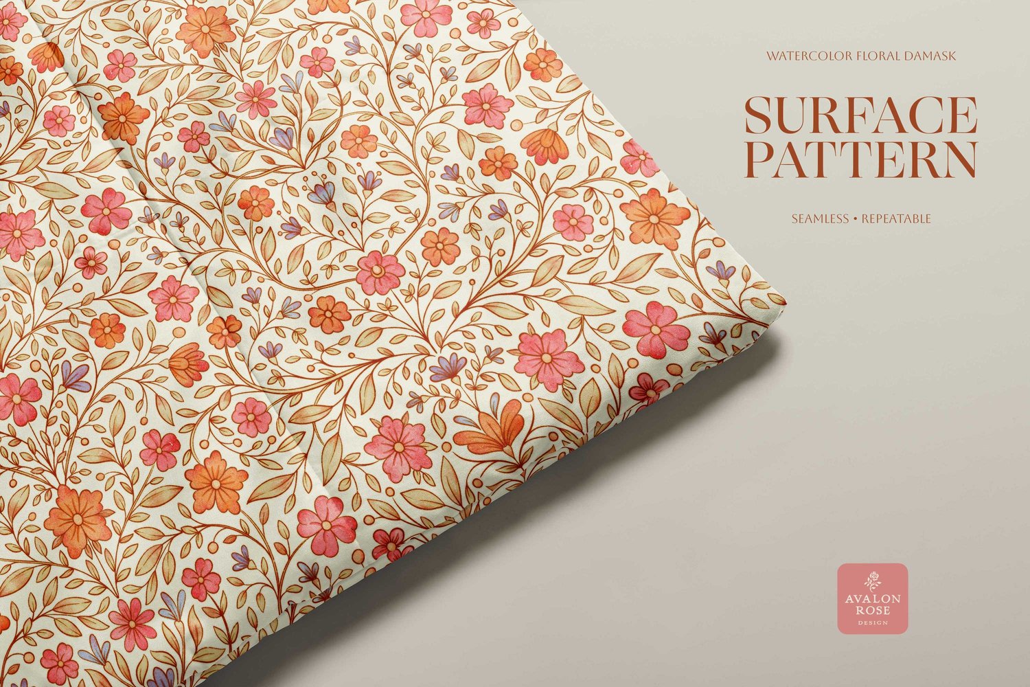 Brightly colored hand drawn floral watercolor surface pattern by Avalon Rose Design