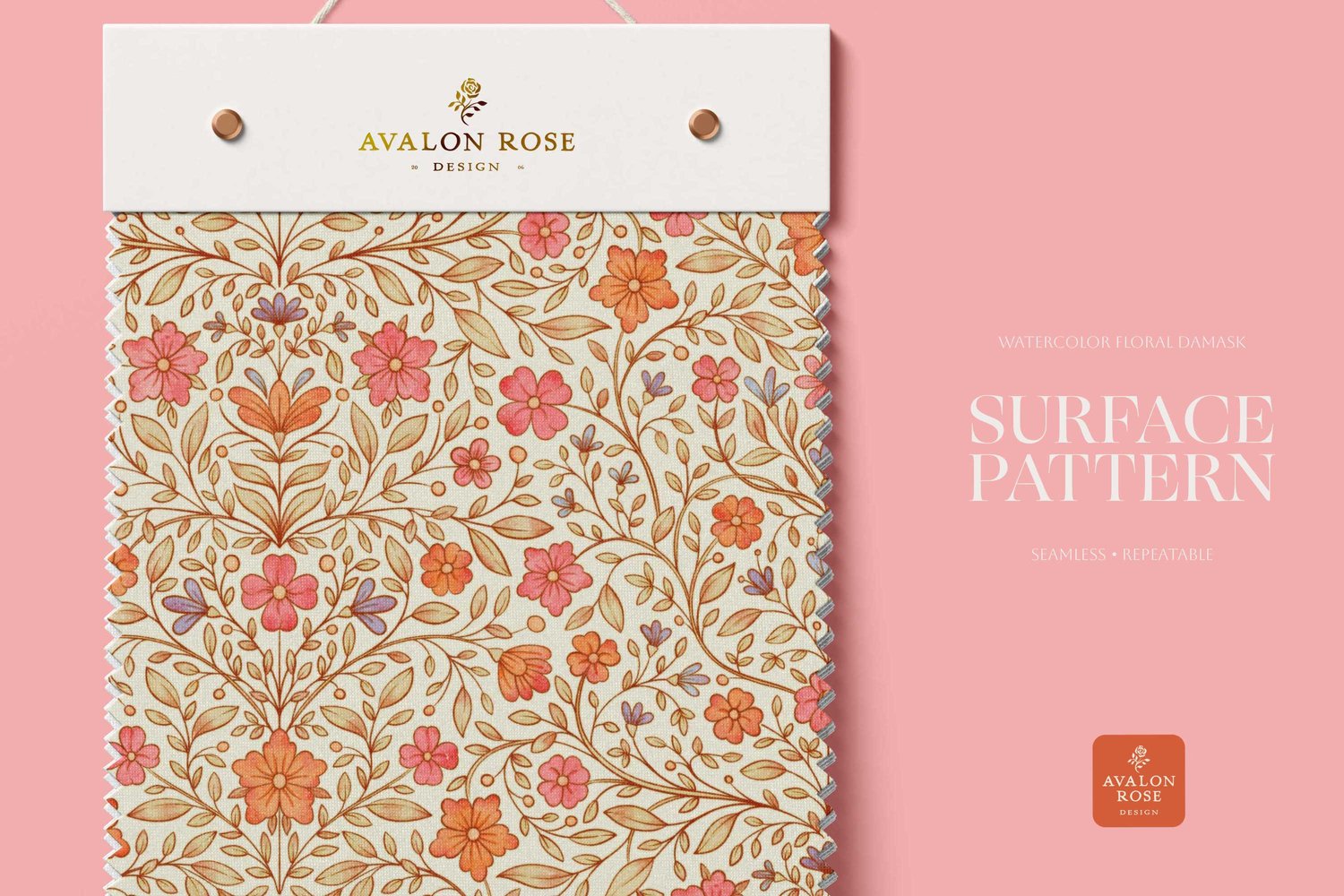 Brightly colored hand drawn floral watercolor surface pattern by Avalon Rose Design