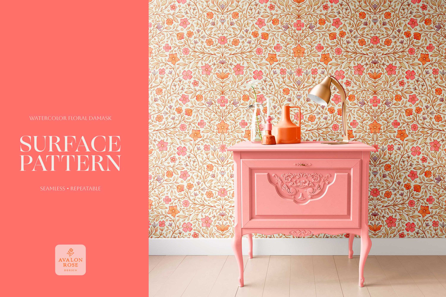 Brightly colored hand drawn floral watercolor surface pattern by Avalon Rose Design
