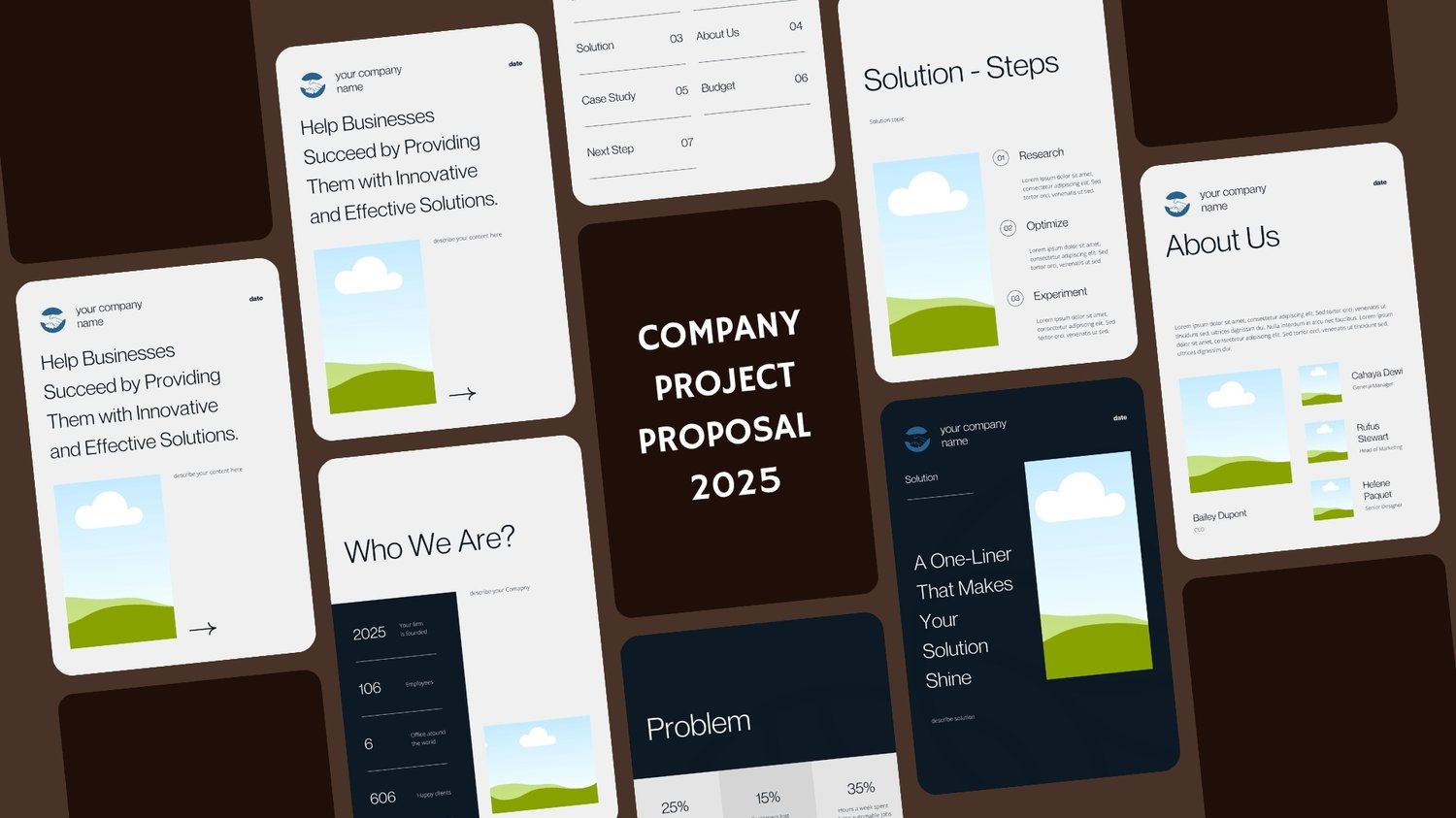 Modern 20-page Company Project Proposal Template for Canva, displaying key pages like "Solution - Steps," "Problem," and "About Us