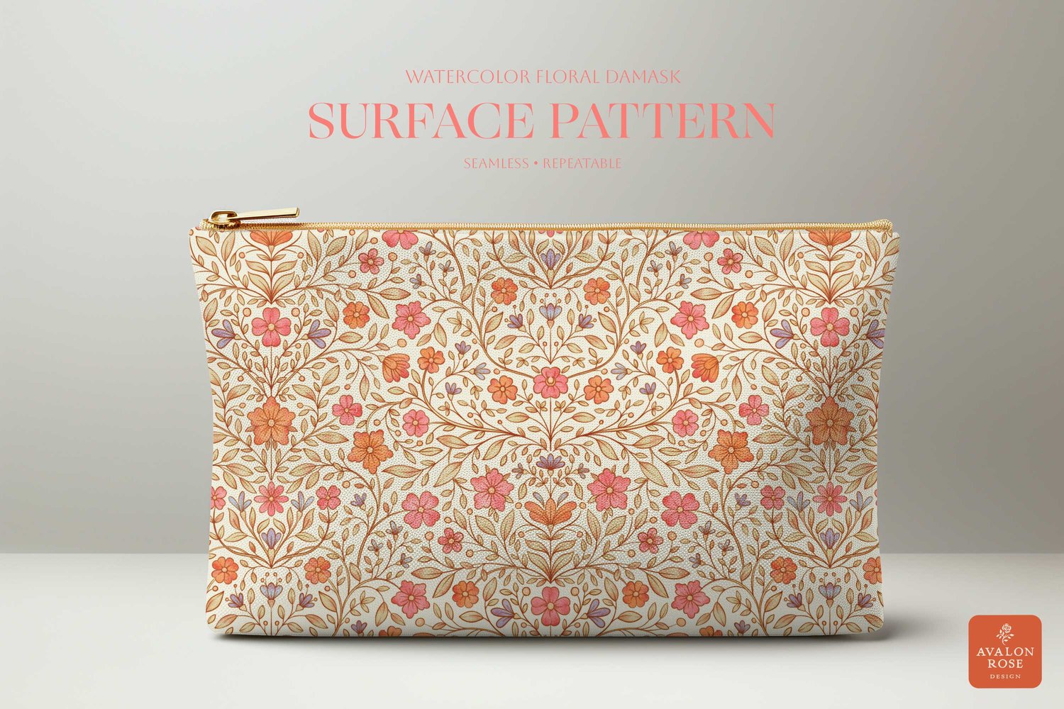 Brightly colored hand drawn floral watercolor surface pattern by Avalon Rose Design