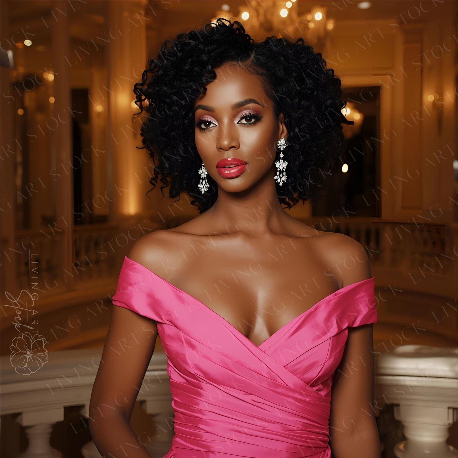 A striking portrait of an elegant African American woman wearing a vibrant, fuchsia or bright pink gown with a flattering off-the-shoulder neckline. She has voluminous, dark, tightly curled hair styled around her face. Her makeup is bold and impeccable, f