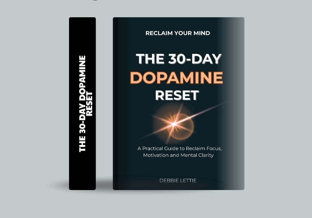Digital book cover for The 30-Day Dopamine Reset, a practical dopamine detox guide designed to improve focus, reduce digital addiction, increase motivation, and restore mental clarity.
