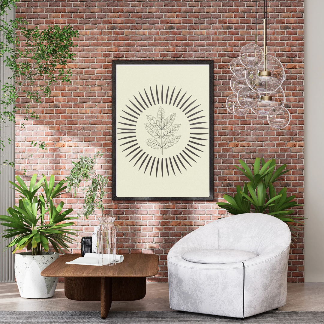 Minimalist botanical wall art featuring a simple black leaf line drawing with a warm orange sunburst background, modern neutral aesthetic printable decor.