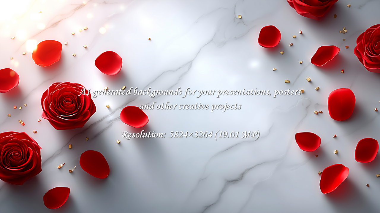 Romantic red roses and petals scattered on a marble surface with golden sparkle accents. Perfect for Valentine's Day, weddings, anniversaries, or any special occasion. Celebrate love and beauty!