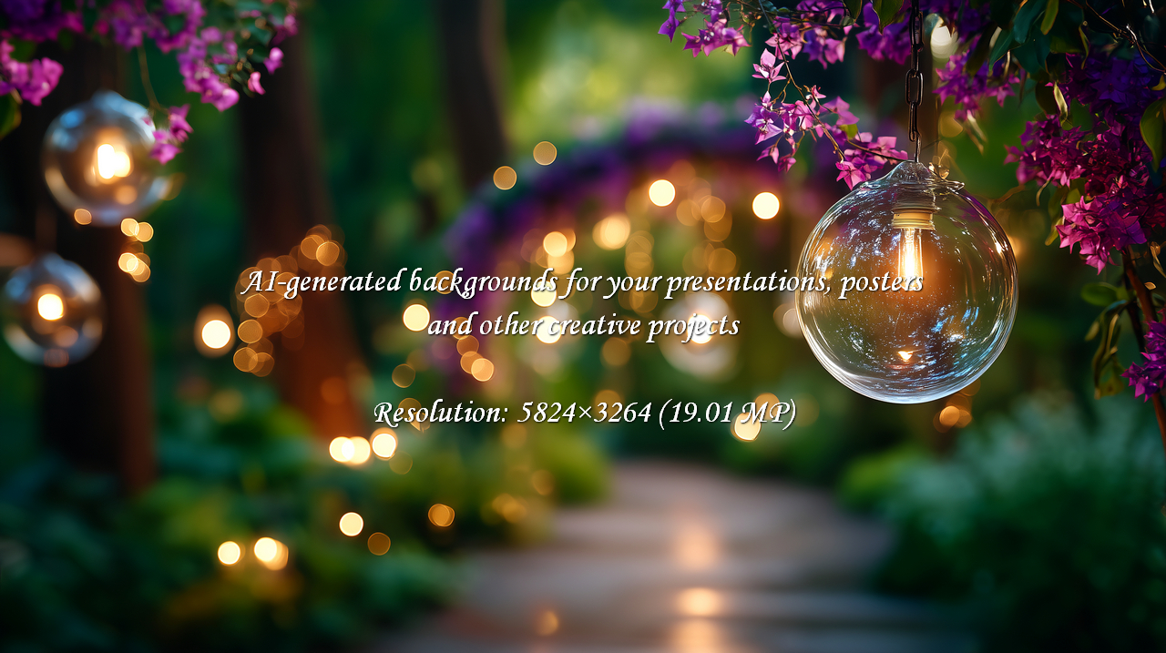 Experience the magic of a garden path aglow with lanterns and vibrant purple flowers. Perfect for creating a romantic ambiance for events and celebrations. A serene and inviting atmosphere.