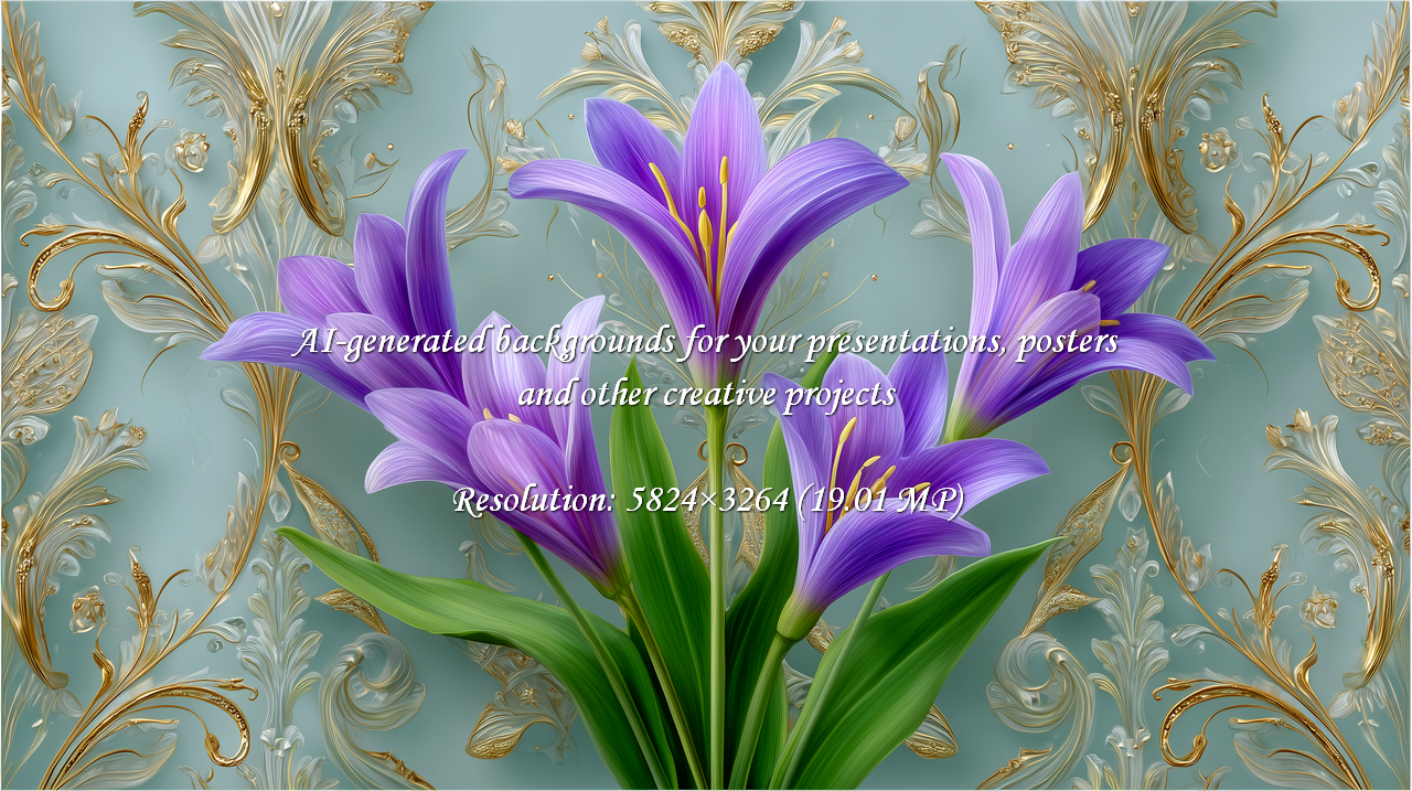 Sophisticated floral design featuring vibrant purple flowers and intricate gold ornamentation. Perfect for adding a touch of luxury and elegance to invitations, branding, or artistic projects.