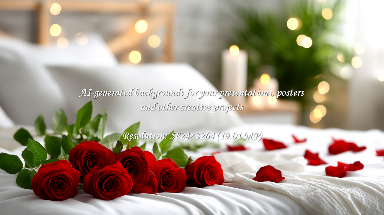 Romantic red roses and petals adorn a cozy bed, softly lit by candles. Perfect for Valentine's Day, anniversaries, or any loving celebration. Evokes passion, tenderness, and special moments.