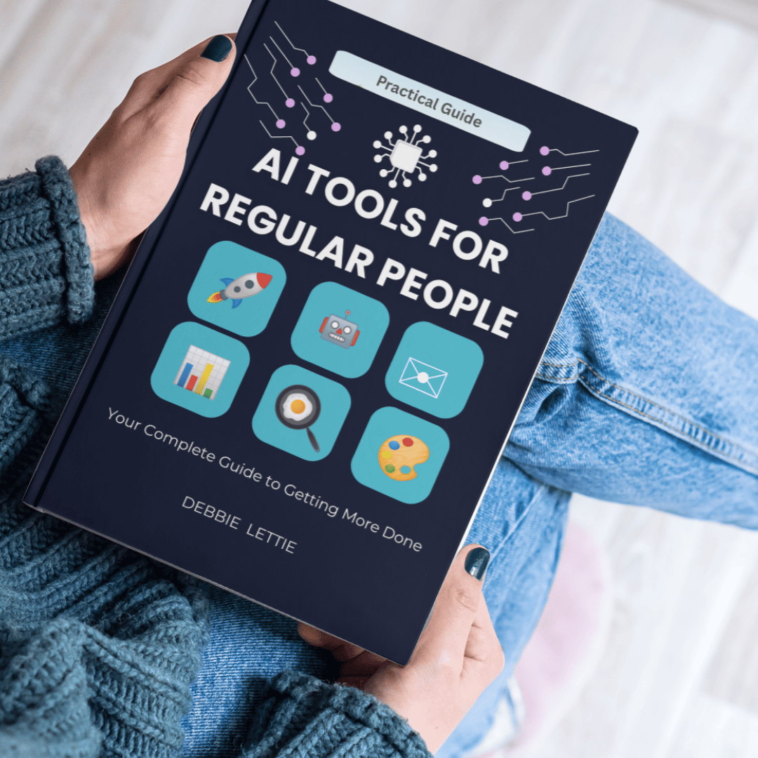 AI Tools for Regular People e-book cover showing a minimalist design with block shapes and the title, a beginner-friendly guide to simple AI tools and productivity.